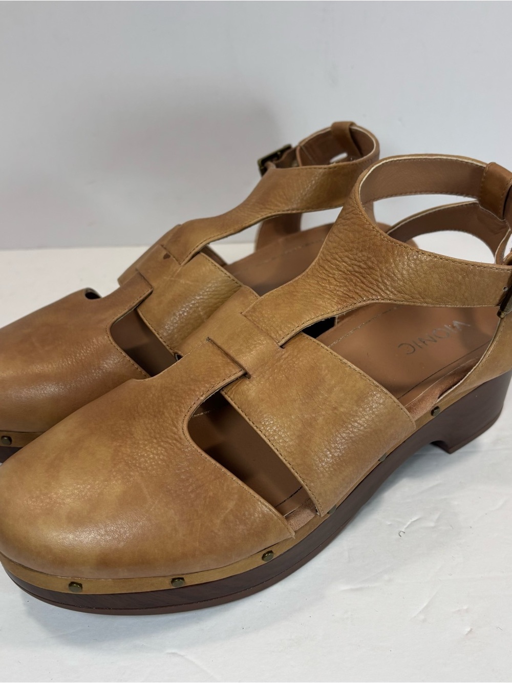 Vionic Faye Tan Leather Strappy Closed-Toe Clog W/ Ankle Strap Women Sz 10 Boho